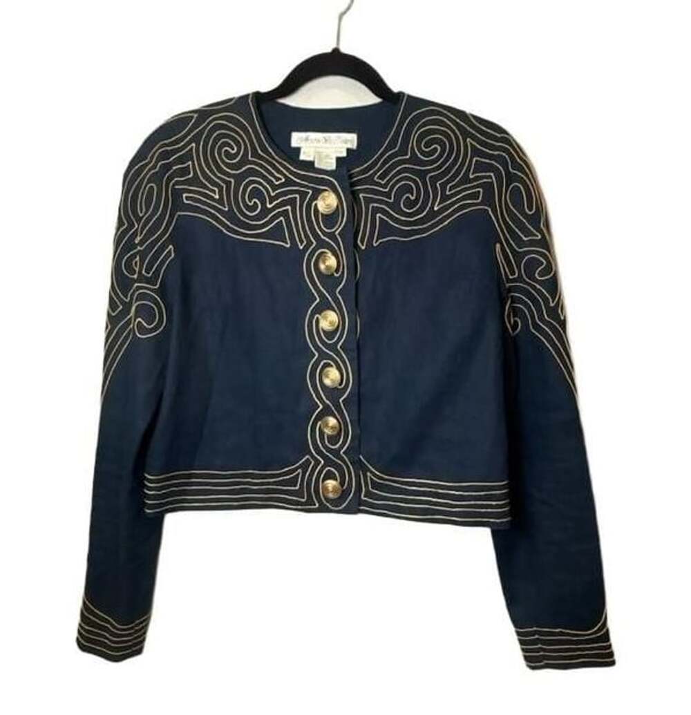 Marie St. Claire Jacket Navy Blue Gold Embroidered Trim Crop Sz 8